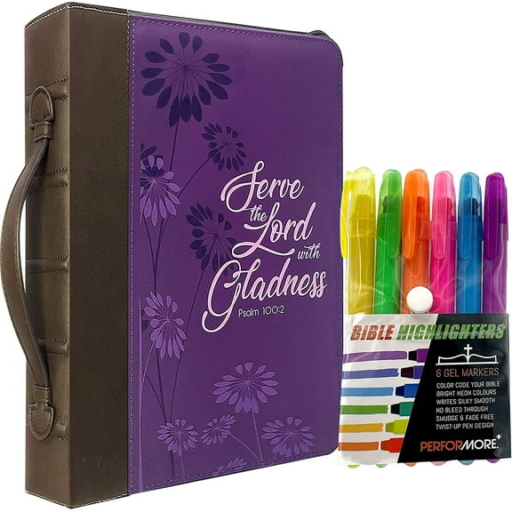 Purple Stylish Fashionable Bible Cover, Serve The Lord with Gladness. - Psalm 100:2, with 6 Assorted Gel Highlighter Pens in Snap PVC Wallet
