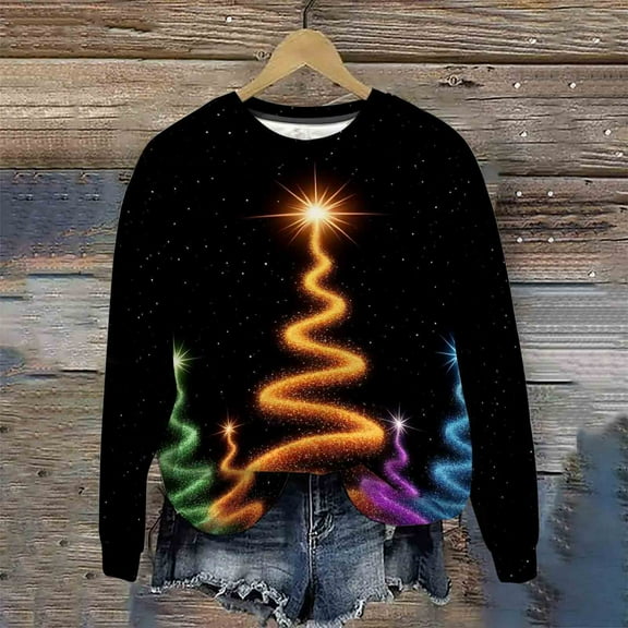 Heisall Womens Sweatshirts Christmas Vintage Print Round Neck Loose Casual Sporty Long Sleeve Fleece-Lined Fall Winter 2025 Fashion Tops