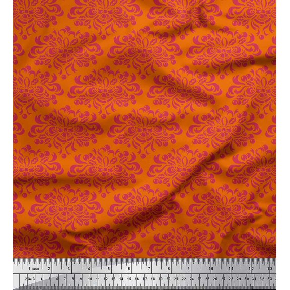 Soimoi Orange Silk Fabric Filigree Damask Print Sewing Fabric Yard 42 Inch Wide