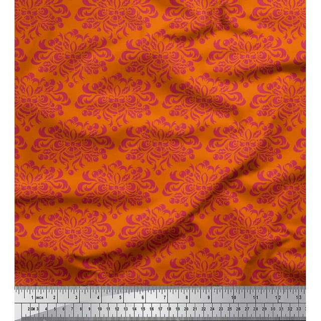 Soimoi Orange Rayon Crepe Fabric Filigree Damask Print Sewing Fabric Yard 46 Inch Wide