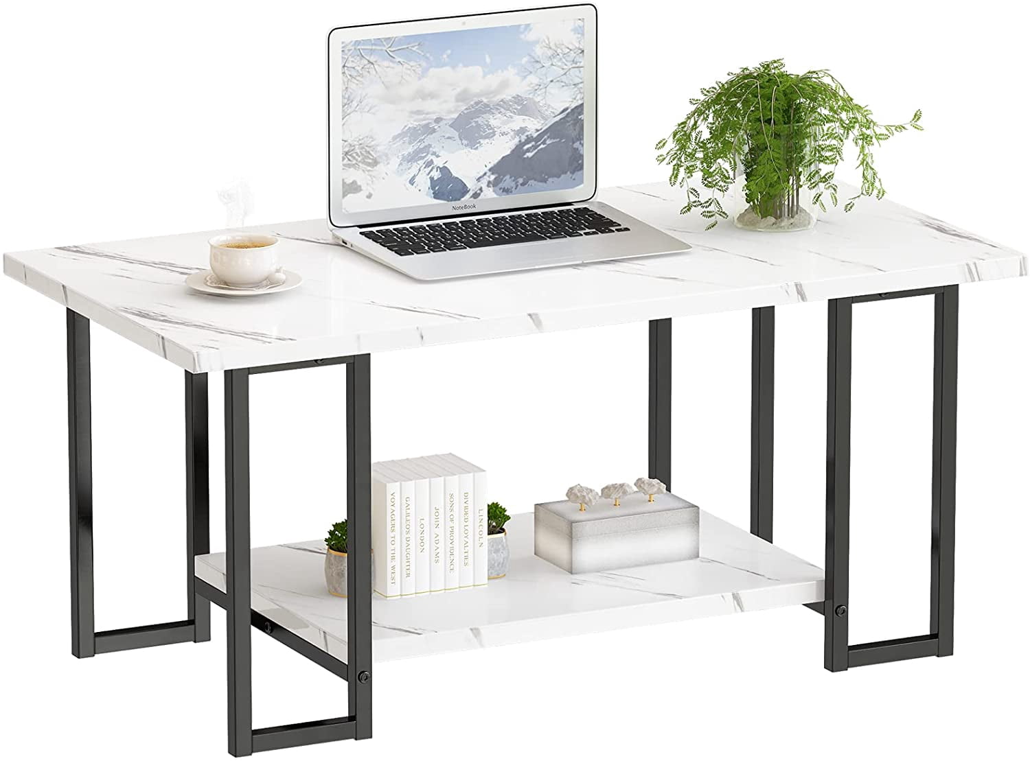MIERES Coffee Table, Modern Faux Marble Top Coffee Table with Metal Frame and Storage Shelf, 2-Tier Rectangle Accent Cocktail Table for Living Room, Office (White & Black)