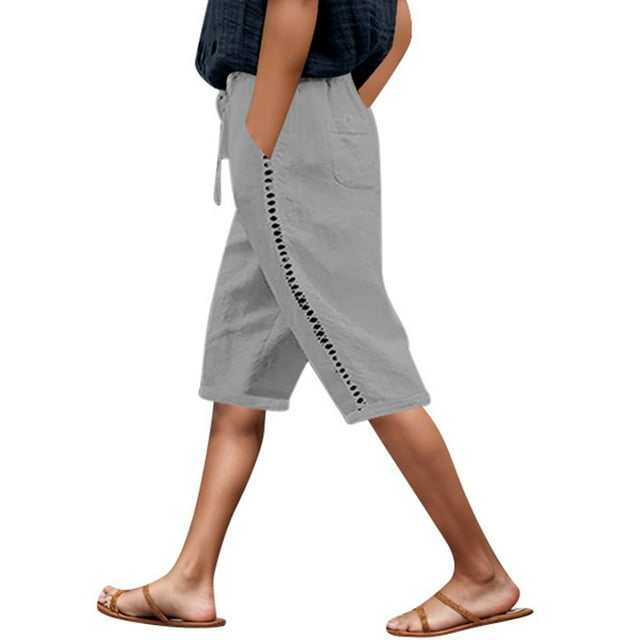 Women's Summer Solid Color Side Lace Hollow Lace Drawstring Pocket Casual Cropped Pants