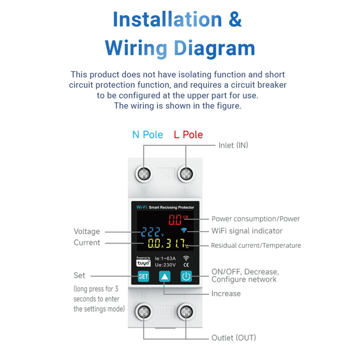 HOT HOT 1P 1-63A Tuya WiFi Smart Circuit Breaker LED Display Switch with Power Metering Life Control Via Home