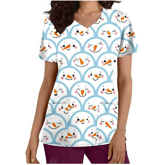 Snorda Hauts de Blouse Médicale pour Femmes Manches Courtes Col en V Uniforme Imprimé de Noël avec Poches Blouse Infirmière