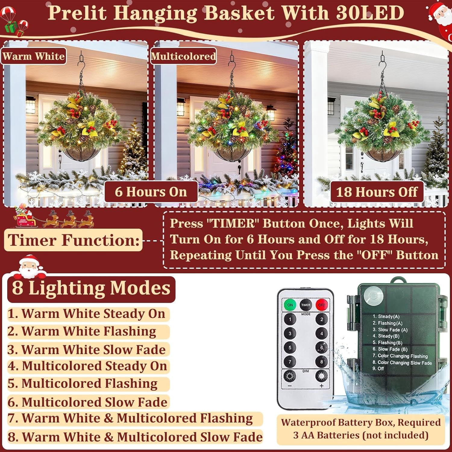 20 Inch Christmas Hanging Basket Decorations with 30LED Warm White & Multicolored Light, Remote Control, 8 Mode, Timer, Lifelike Scots Pine Bristles Hanging Christmas Decor