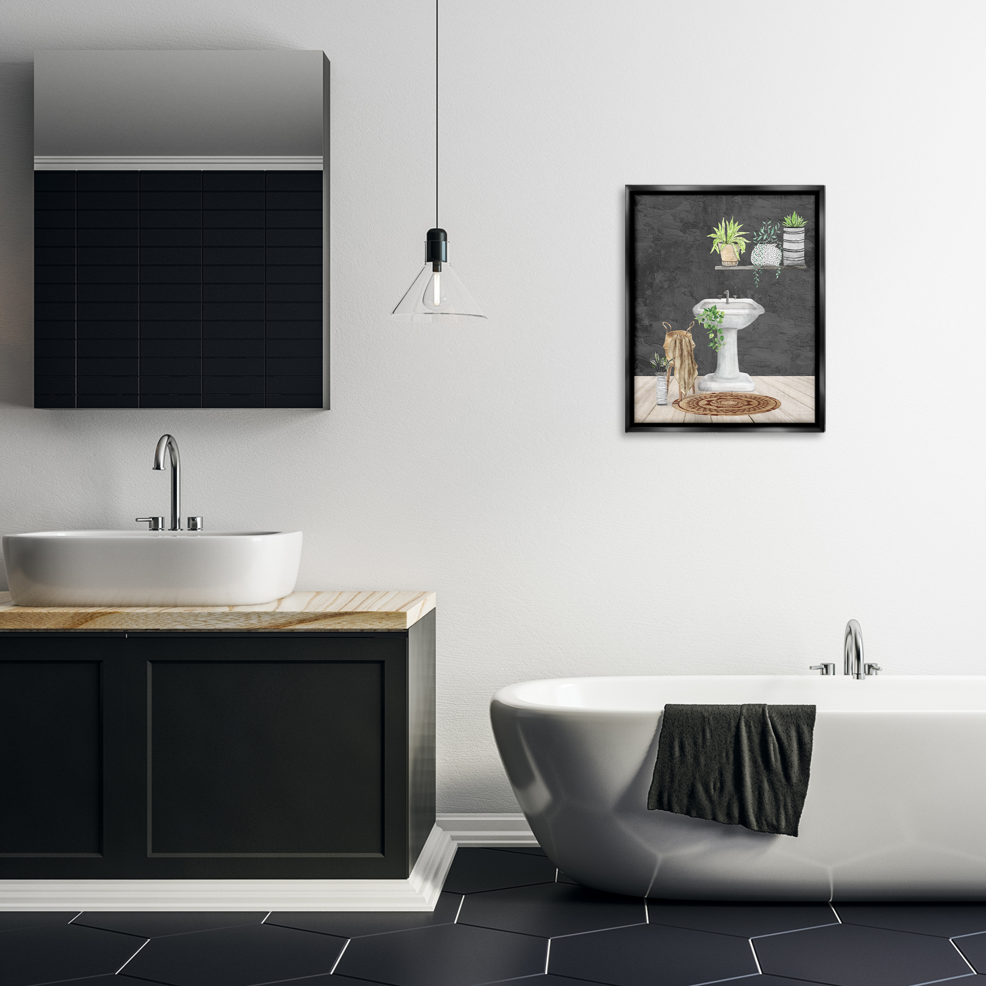 Stupell Industries Relaxing Bathroom Scene Bath & Laundry Painting Black Floater Framed Canvas Art Print Wall Art, 17 x 21