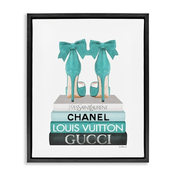 Stupell Industries Turquoise Bow Heels on Books Women's Fashion Jet Black Framed Floating Canvas Wall Art, 16x20, by Amanda Greenwood