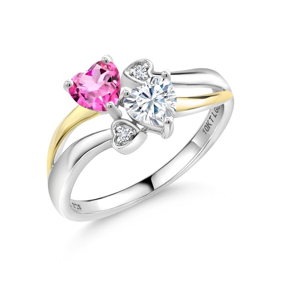 Gem Stone King 925 Silver and 10K Yellow Gold Pink Mystic Topaz and White Moissanite and White Lab Grown Diamond Ring for Women (1.04 Cttw, November Birthstone, Heart Shape 5MM, Size 9)
