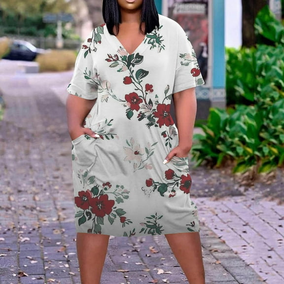 Viikei Trendy Striped Short Sleeve Dress,Plus Size Dress for Women V Neck Summer Printing Sundresses Knee Short Sleeve with Pockets White L