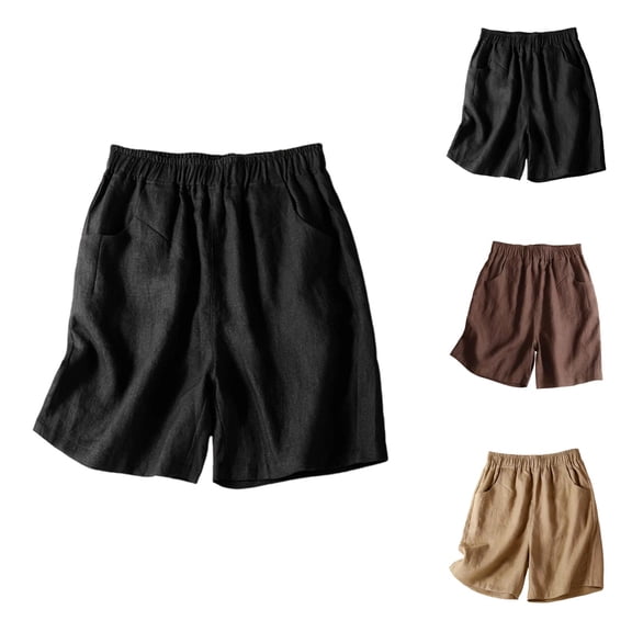 Shorts for Women Summer Casual Cotton Linen Lightweight Elastic Waist Wide Straight Leg Shorts with Pockets