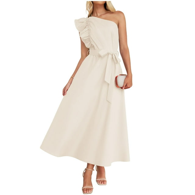 Wyzesi Robes Rouges pour Femmes Fête Manches Longues Robe d'Été pour Femmes à une Épaule à Volants Sans Manches Bohème Fluide Maxi Robes Pyjama de Noël Costume