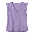 thumbnail image 4 of Casual Blouse for Women V Neck Ruffle Tank Top Breathable Linen Blend Top Breathable Vacation Summer Shirts Purple 2XL, 4 of 8