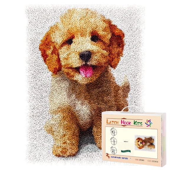Latch Hook Rug Kit Cute Golden Doodle Puppy with Tongue out Pre-printed Handmade Carpet Crochet Yarn Craft DIY Hook and Latch Door Mat Tapestry for Home Floor Decoration 52x38cm-1
