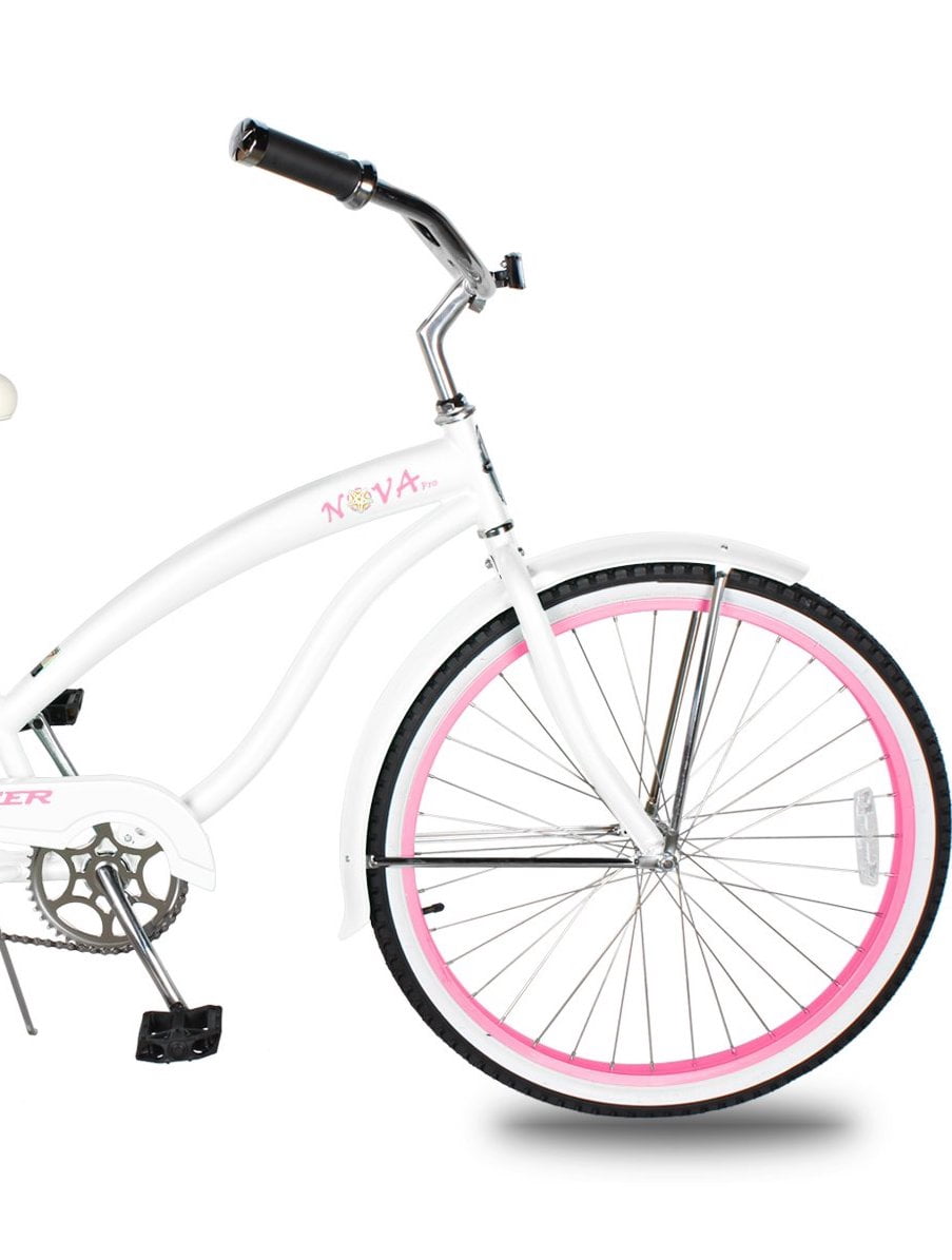 WonderWheels Beach Cruiser Shimano Tx-35 7 Speed Bicycle, Bike, V-Brake Stainless Steel Spokes One Piece Crank Alloy Purple Rims 36 H With Fender - White