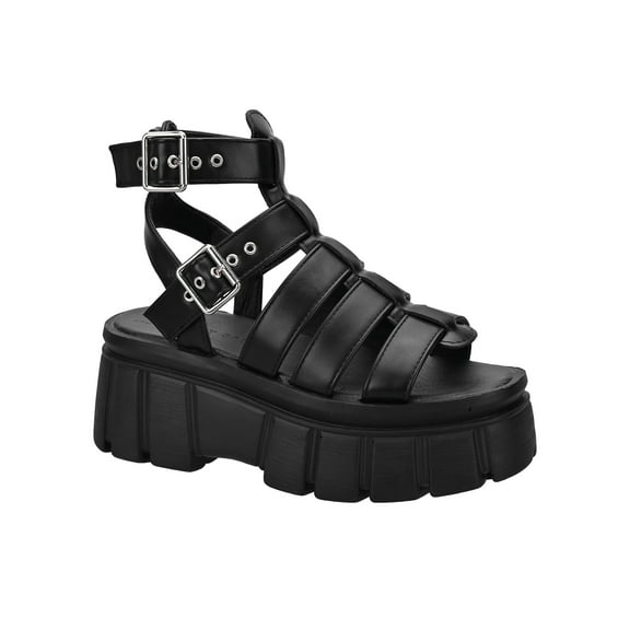 READYSALTED Women's Chunky Goth Platform Sandals Buckle Ankle Strap Gladiator Sandals Block Heel(Black,Size 5)