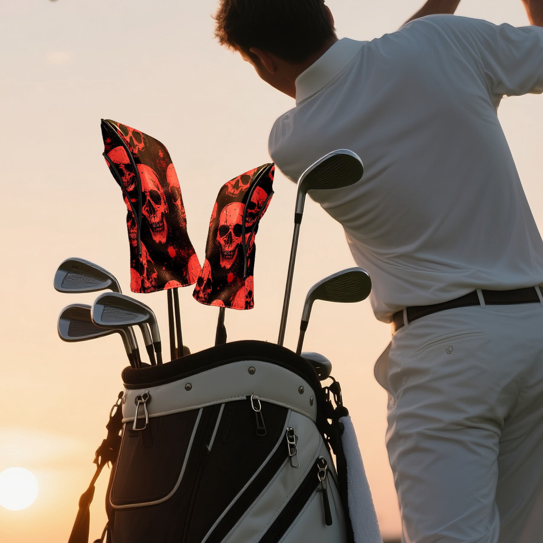 Golf Club Head Cover Waterproof Leather Golf Accessories HeadCovers Set Driver Headcover for Women Men Red Skull Pattern