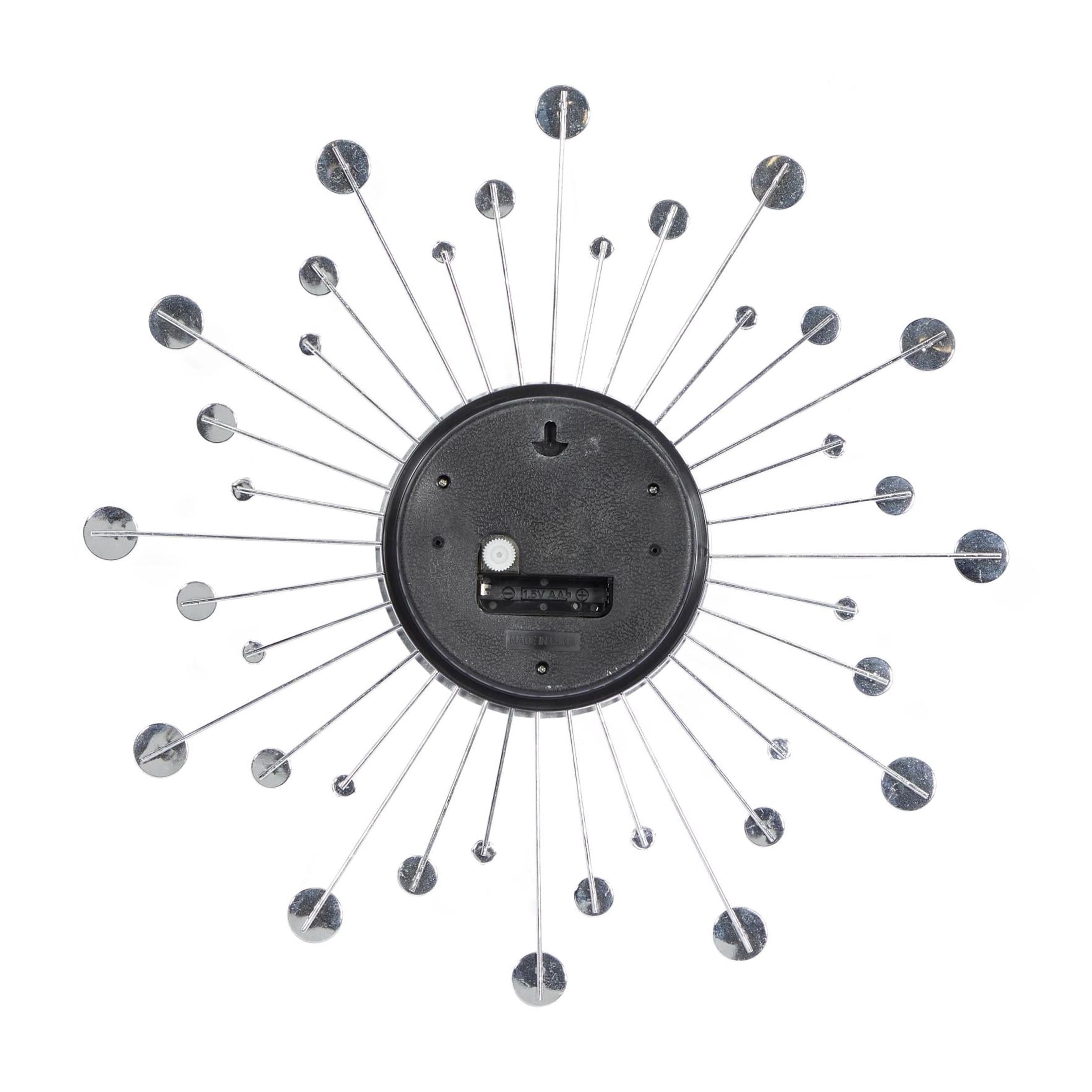 DecMode 15" Silver Metal Starburst Wall Clock with Crystal Accents