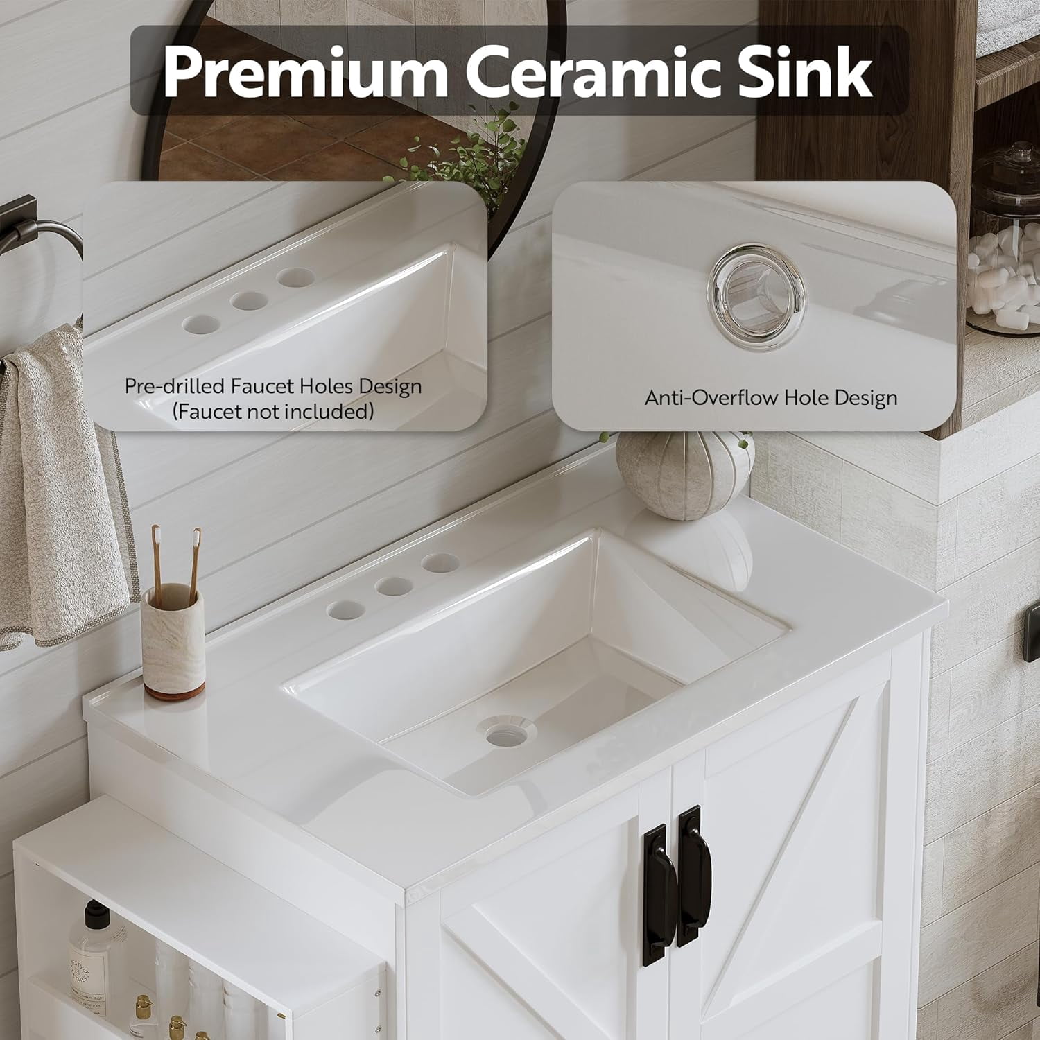 LAZZO 31" Bathroom Vanity with Ceramic Sink, Farmhouse Bathroom Vanities with Storage Cabinet and 3 Extra Side Shelves, White