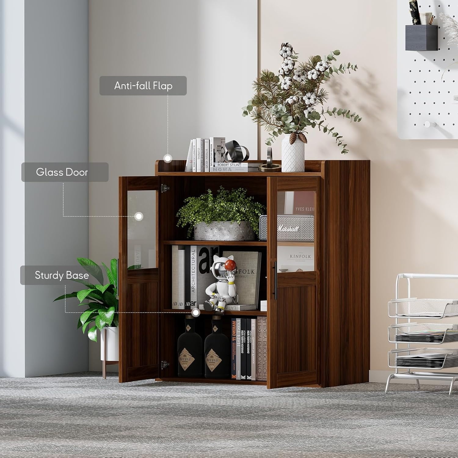 Ebello File & Storage Cabinet with Doors and Adjustable Shelves, Multipurpose Office Credenza for Home or Office, Walnut