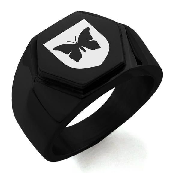 Stainless Steel Butterfly Free Spirit Coat of Arms Shield Engraved Hexagon Crest Flat Top Biker Style Polished Ring