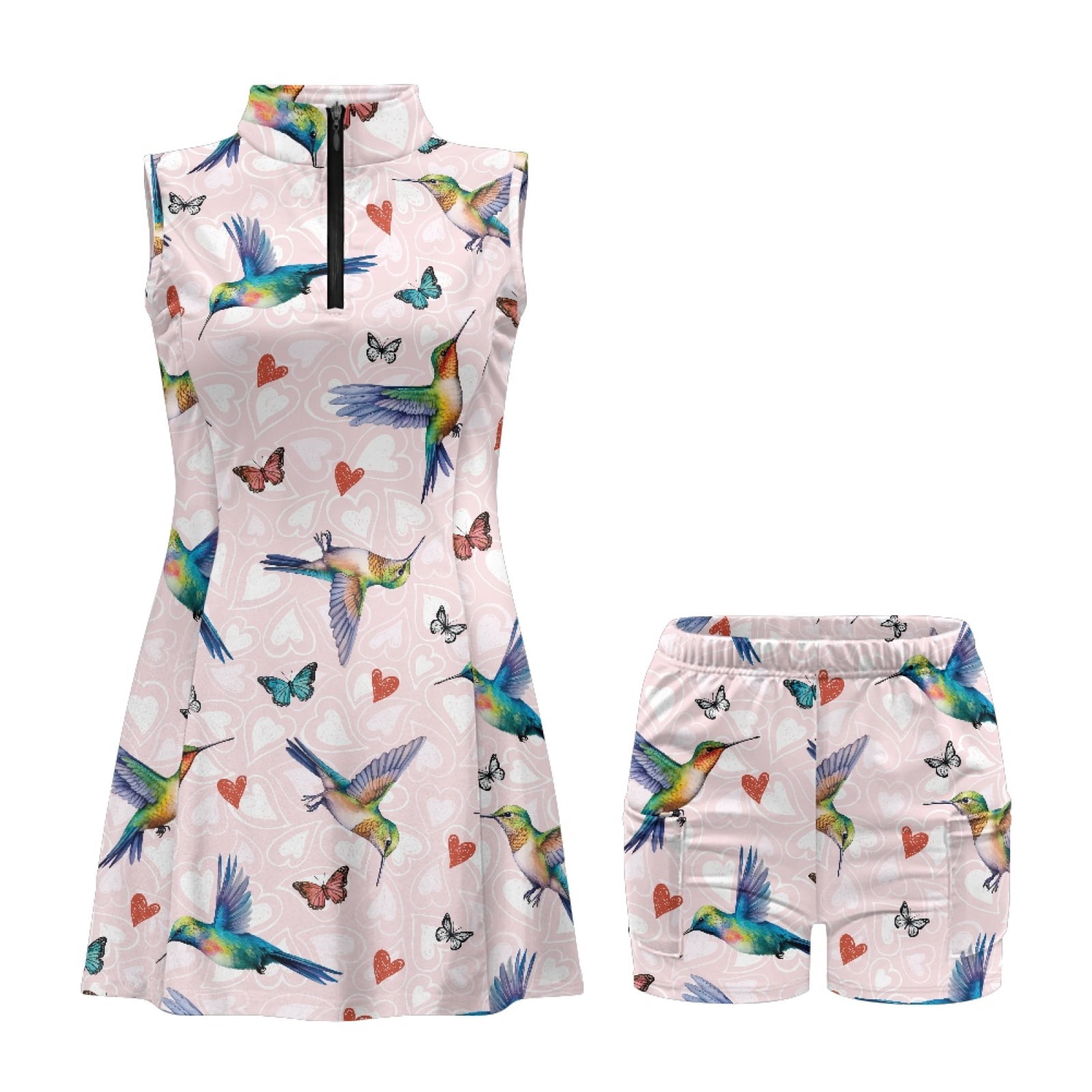 COEQINE Hummingbird Butterfly and Heart Pink Print Golf Dresses for Women with Pockets and Shorts Sleeveless V-Neck Exercise Dresses 2 Piece Set Breathable Workout Outfits, M