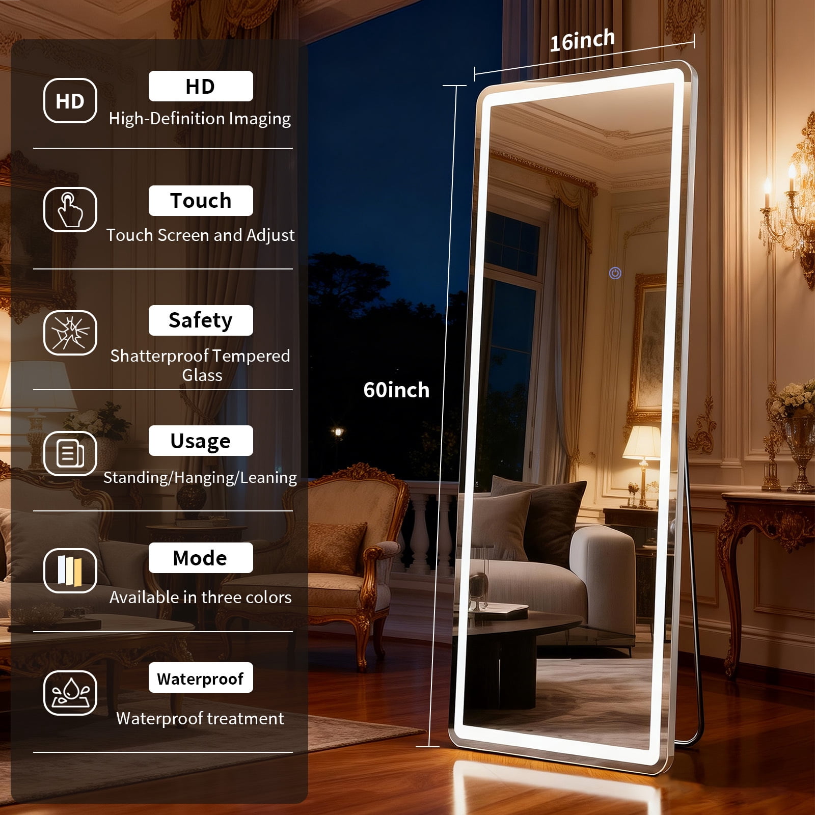 GRAHMCY 60"x16" Full Length Mirror with Lights LED Floor Mirror Wall-mounted Dressing Mirror