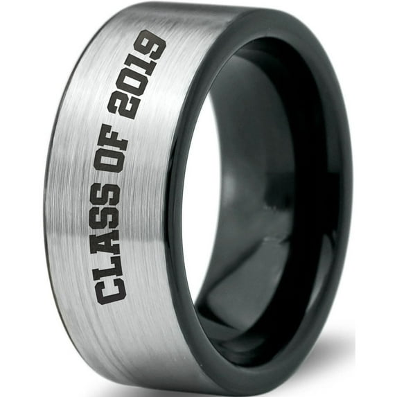 Tungsten Graduating Class Of 2019 Band Ring 8mm Men Women Comfort Fit Brushed Gray Flat Cut Black Polished