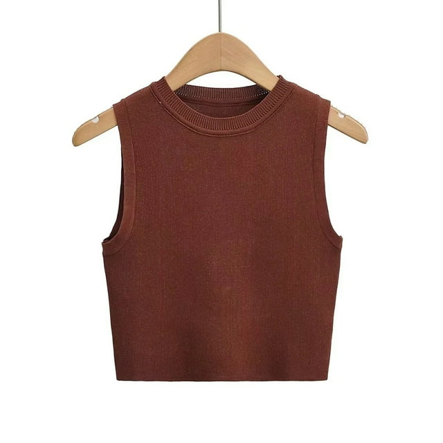 YTDSCS Gilet Chandail pour Femmes Col Rond Tricoté Été Chandail T-Shirt Extensible Couleur Unie Hauts S-L