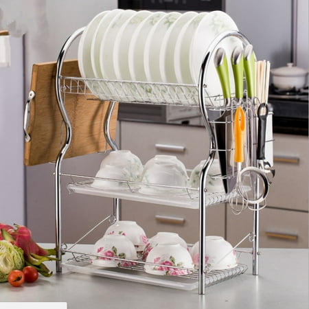 Mrosaa 3-Tier Kitchen Dish Cup Drying Rack Plate Drainer Dryer Tray Cutlery Holder Organizer Sink Accessories