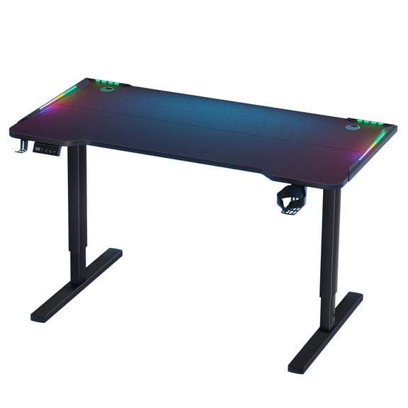 Trendix Computer Game Table with Colorful Light Strip, 56in Gaming Desk, Height Adjustable 3 Levels Electric Lift Standing Desk, Ergonomic PC Workstation Desk, Home Office Stand Up Desk