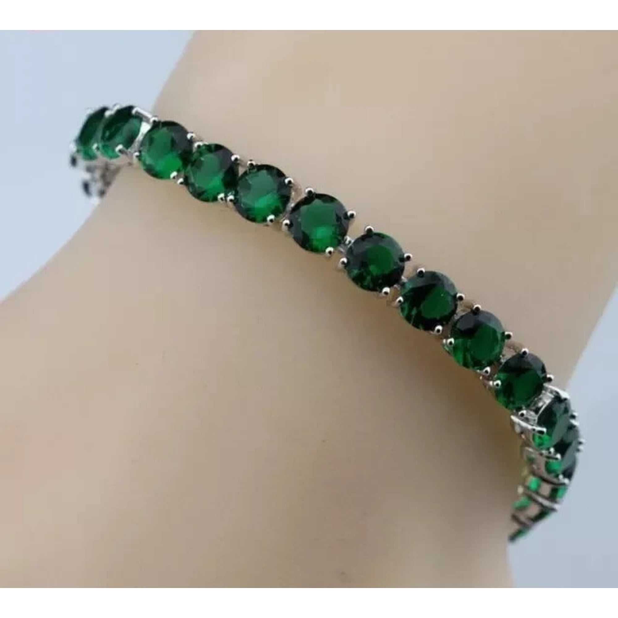 Lab Created Green Emerald 5MM Round 8" Tennis Bracelet 14K White Gold Plated