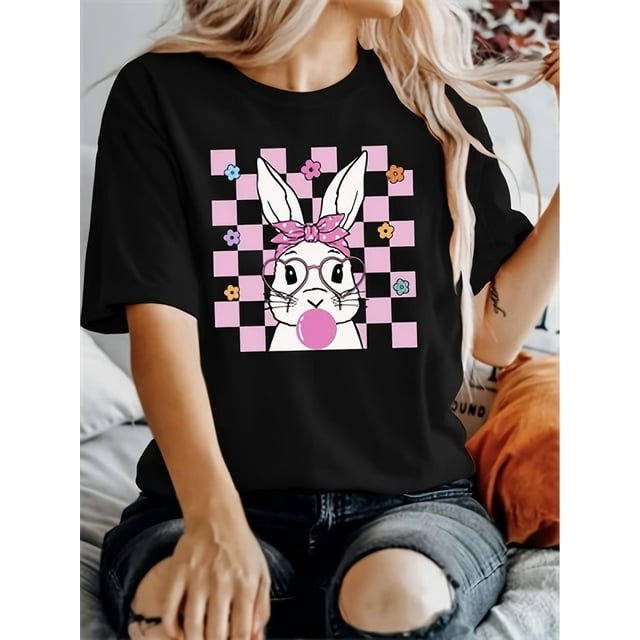 Playera Deportiva Manga Corta Mujer Dry-FitWomen's Fashion Pink Square Gumball Bunny Print T-Shirt, Simple Casual Round Neck Comfortable T-Shirt, Women's Casual Sports Outdoor T-ShirtFather's Day, M