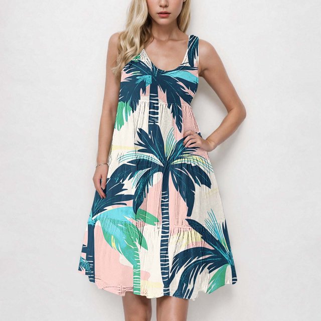 Ovzne Robes d'Été pour Femmes 2025 Robe de Plage Mode Robe Sans Manches à Col Rond à Imprimé Floral Plissée Ajustée Robe de Plage « Cake » Robe de Printemps Imprimée Liquidation
