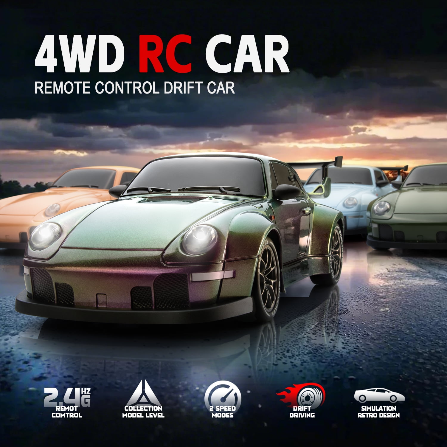 1:24 RC Drift Car,  2.4GHz Remote Control Car, 20KM/H 4WD High Speed RC Cars with LED Lights for Boys Girls,Orange