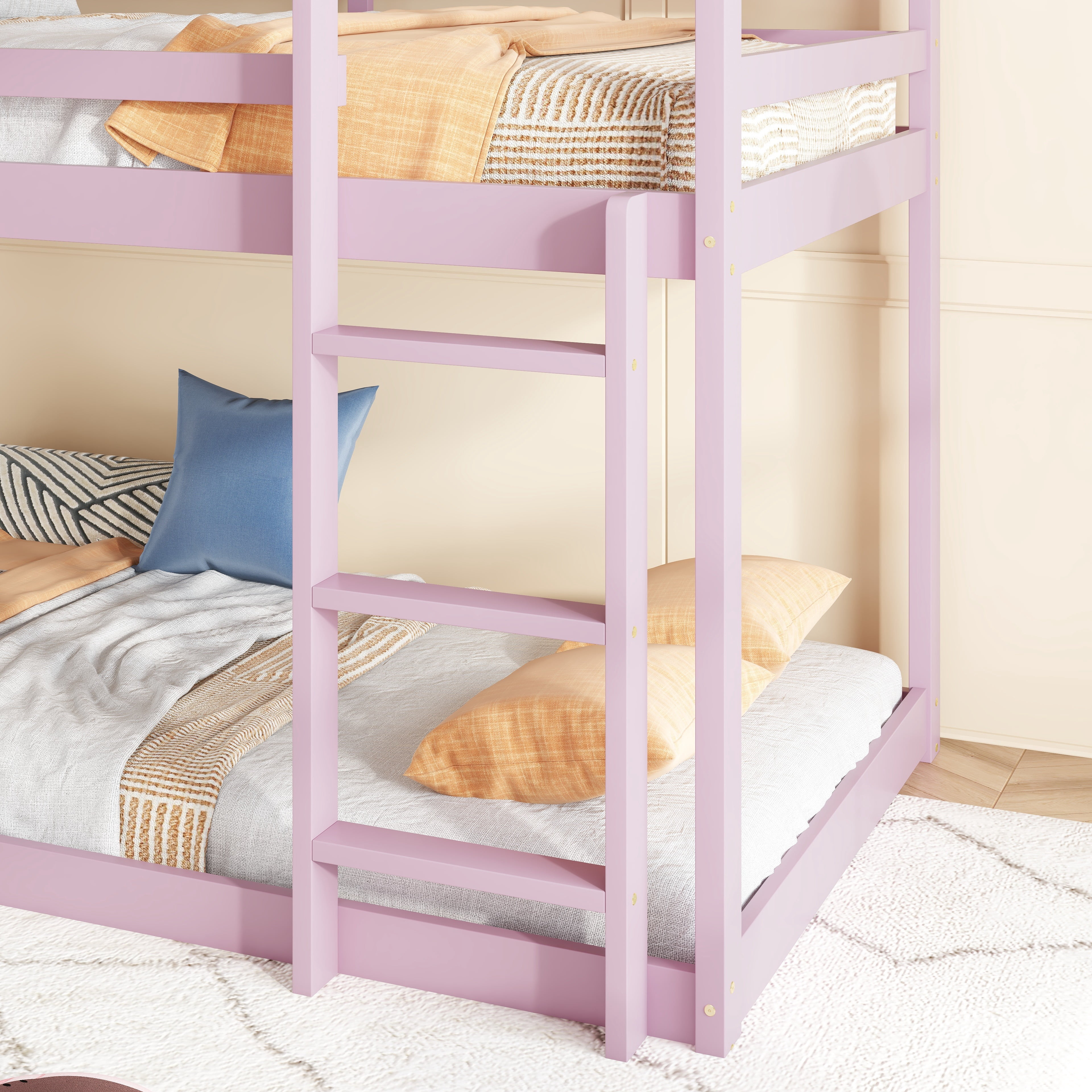 Miniyam Wood Twin over Twin Bunk Bed, House-Shaped Design for Kids and Teens, Pink
