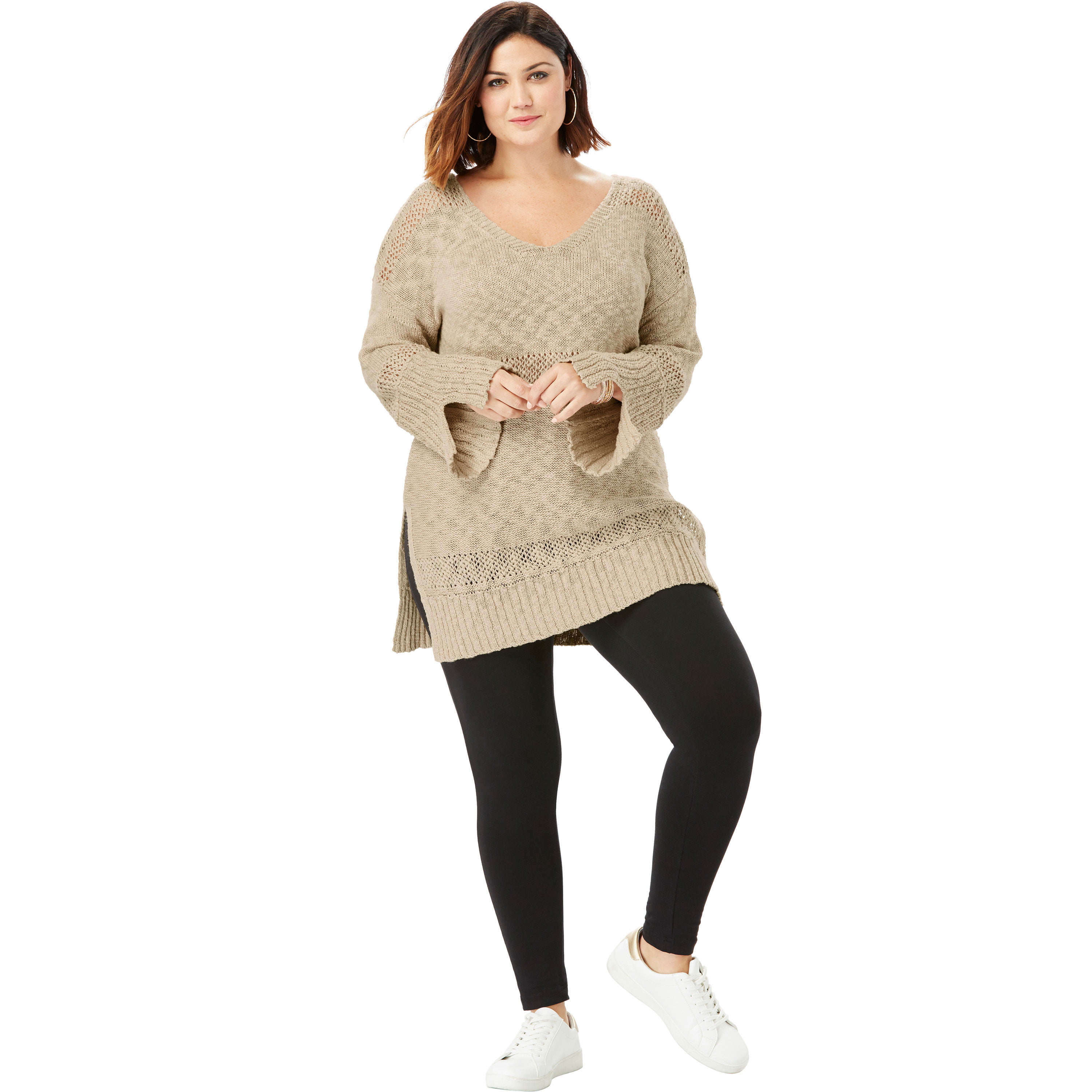 Roamans Womens Plus Size Bell-Sleeve Sweater with Openwork Detail