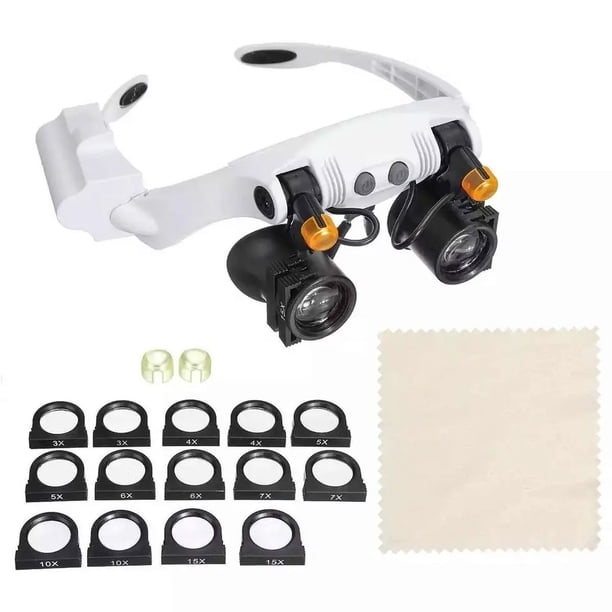 Lupa de diadema con luz LED, soporte de cabeza multifuncional LED con 21 lupas combinadas con lentes reemplazables para lectura, soldadura, inspección, monedas, joyería, exploración