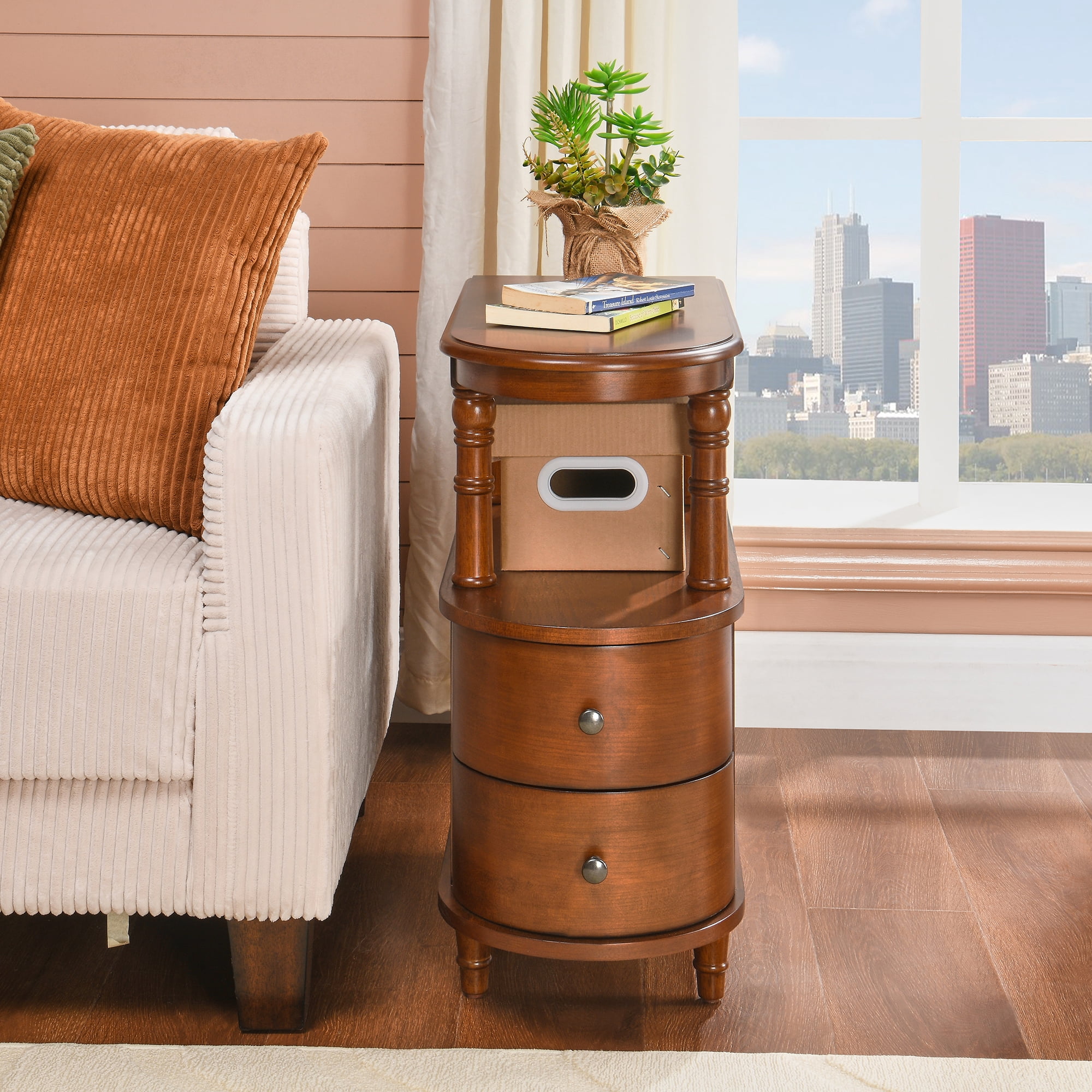 Solid Wood End Table with 2 Drawers, Narrow Sofa Side Table Slim Chair Side Table with Storage Shelf, Vintage Slim Nightstand Bedside Table (Beewax Tone）