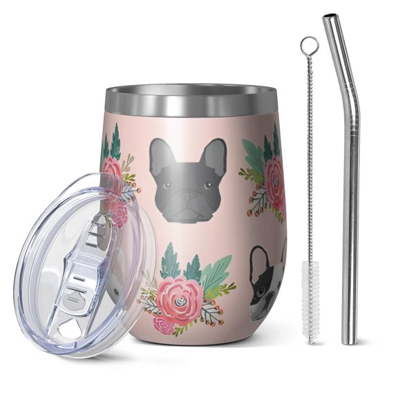 12oz Stemless Wine Tumblers Pink French Bulldog Flowers Florals Vacuum Insulated Stainless Steel Travel Tumbler Cups Mug with Lid and Straw for Champaign,Cocktail,Beer with Cleaning Brush