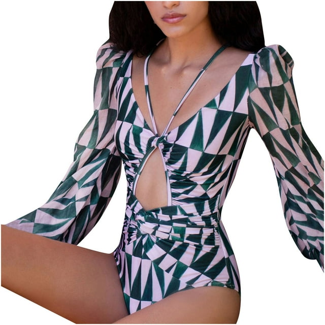 Leutsin Maillot de Bain pour Femmes à Col en V, Imprimé, à Bandage, à Manches Longues, une-Pièce, Bikini