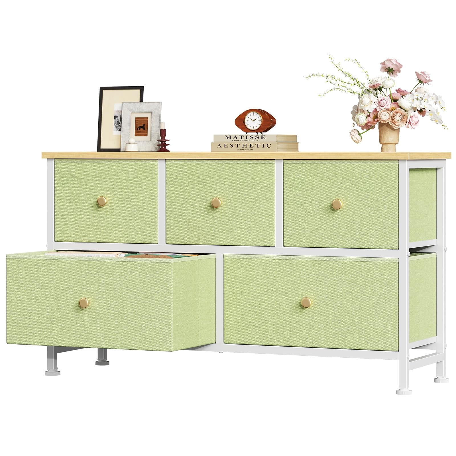 Telyra 5-Drawer Fabric Dresser TV Stand Organizer with Wood Top and Metal Frame, Light Green