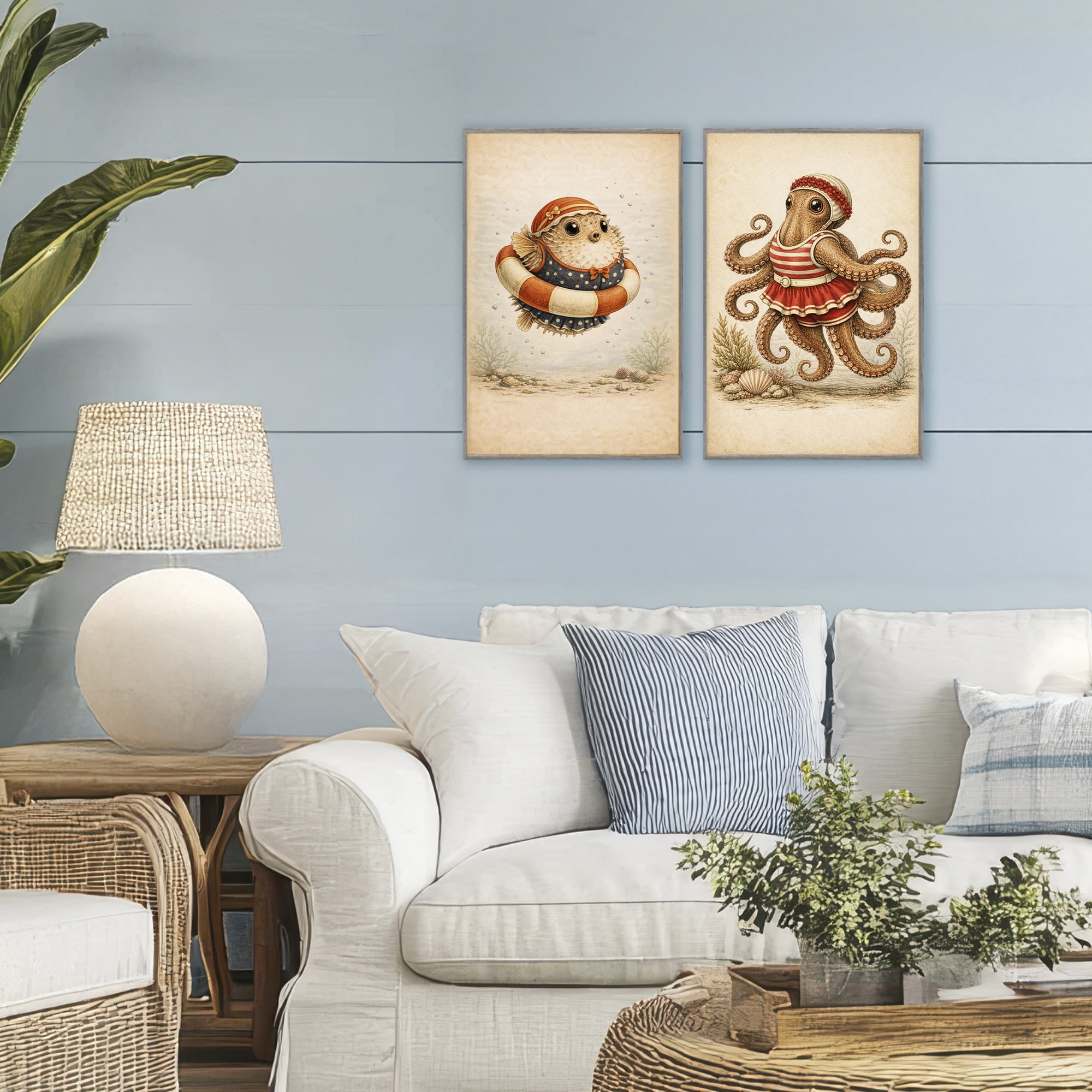 Stupell Industries Vintage Maritime Bathing Creatures 2 Piece Gray Framed Giclee Art Set, design by Grotto Studios