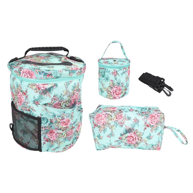 Juego de bolsas de almacenamiento de hilo, 3 piezas, bolsas de tejer verdes, patrón de flores, gran capacidad, bolsa de almacenamiento redonda, organizador, bolsa de tela Oxford 600D para organización