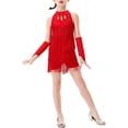 thumbnail image 1 of RUNQHUI Robe de Danse Latine à Franges pour Filles, Robe de Patinage Artistique Salsa Tango avec Gants Rouge 130, 1 of 7