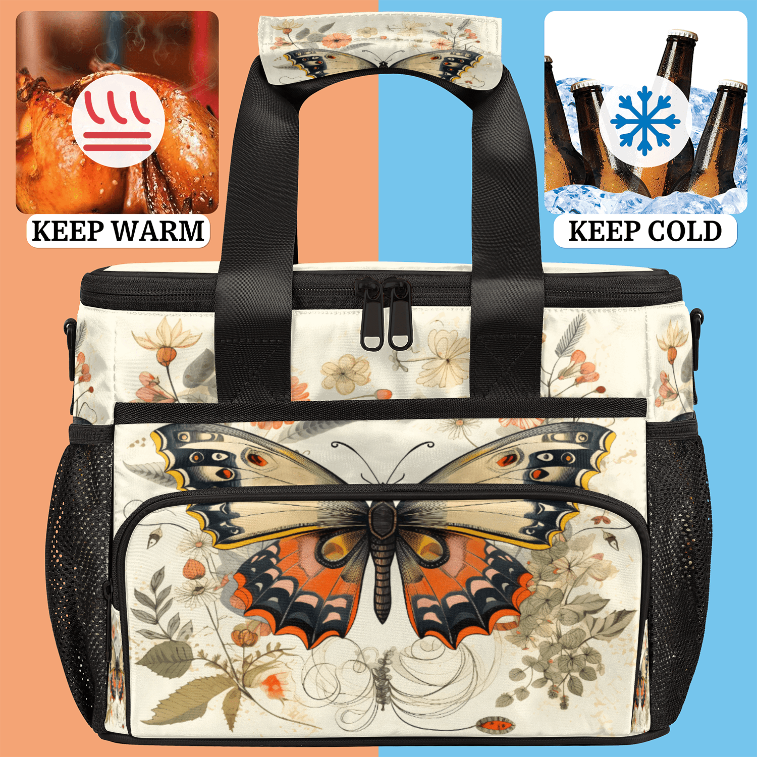 Herdesigns Flower Butterfly Large Lunch Box for Adults Women Men with Adjustable Shoulder Strap, Insulated Reusable Lunch Bag Leakproof Cooler Tote Bag