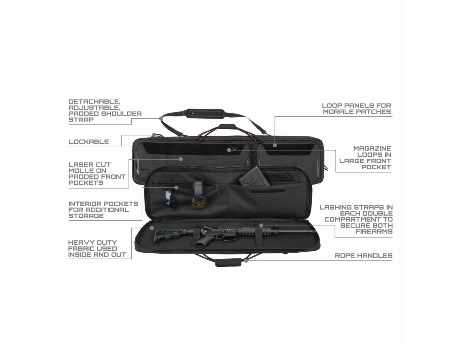 Tac-Six™ 55" Lockable 2-Firearm Unit Case, Laser Cut Molle Front, Black