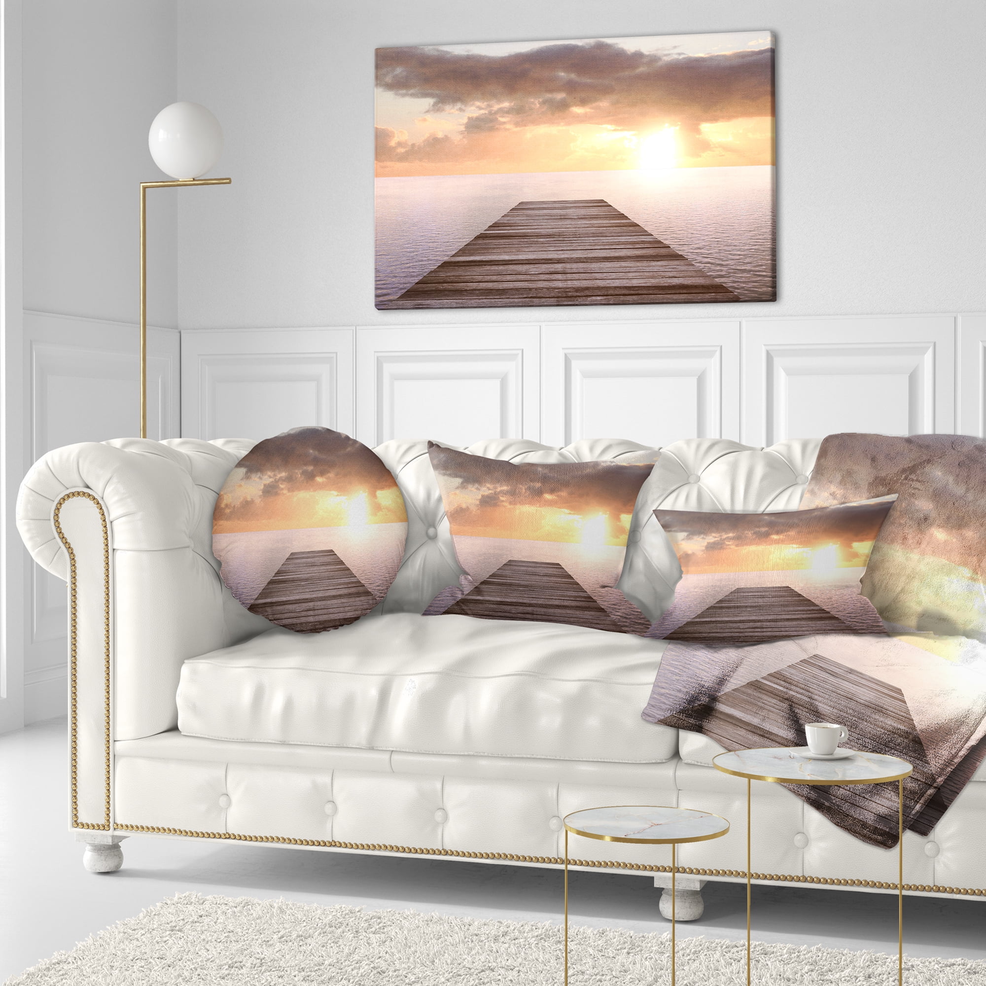 Designart Yellow Sea and Brown Pier - Seascape Throw Pillow - 12x20