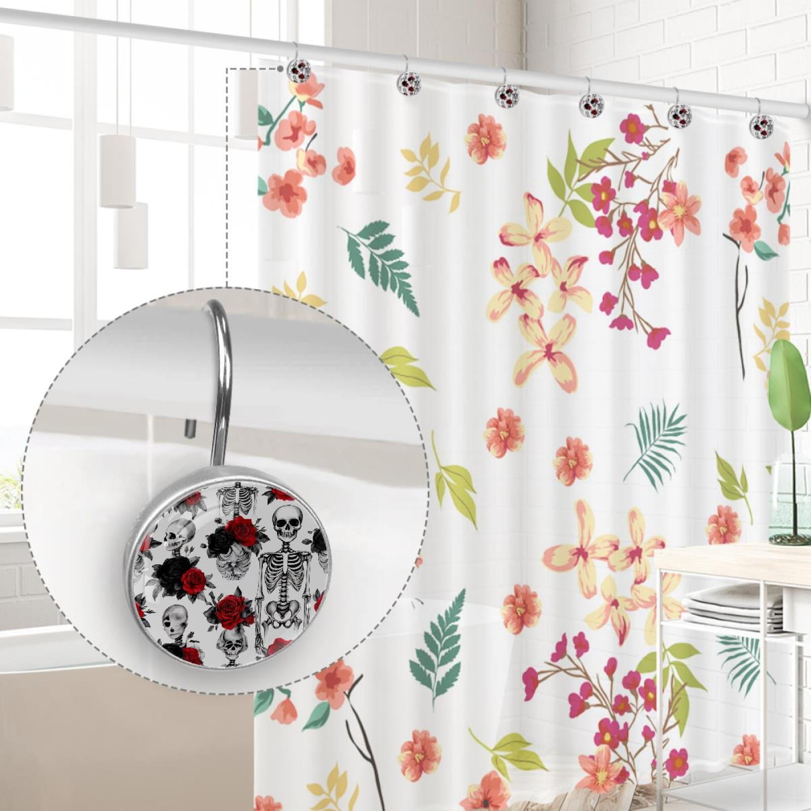 Skeleton Red and Black Roses Shower Curtain Hooks Round Crystal Glass, Set of 12 Shower Curtain Rings - Shower Hooks for Curtain Shower Rings