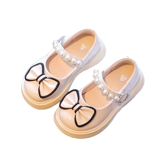 Gpaecead Girls Pearl Bow Princess Mary Janes Shoes Round Toe Thick Sole Non Slip Casual Flats For School Party, Beige