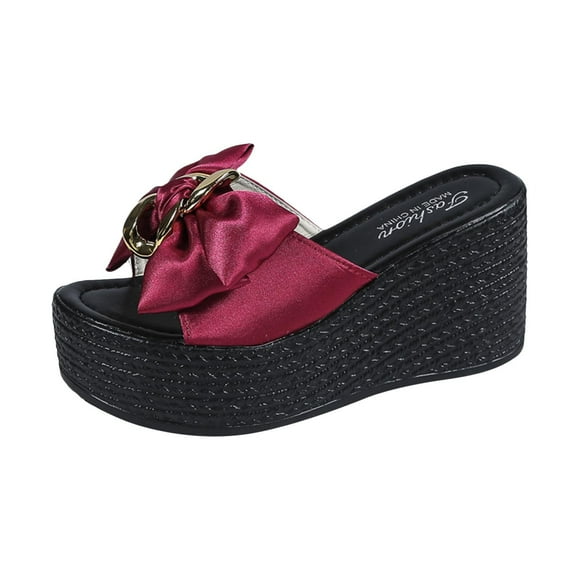 Hoshose Wedge Sandals with Bow Dress Sandals for Women Sandals Comfortable Thick Sole Slippers for Women, Red